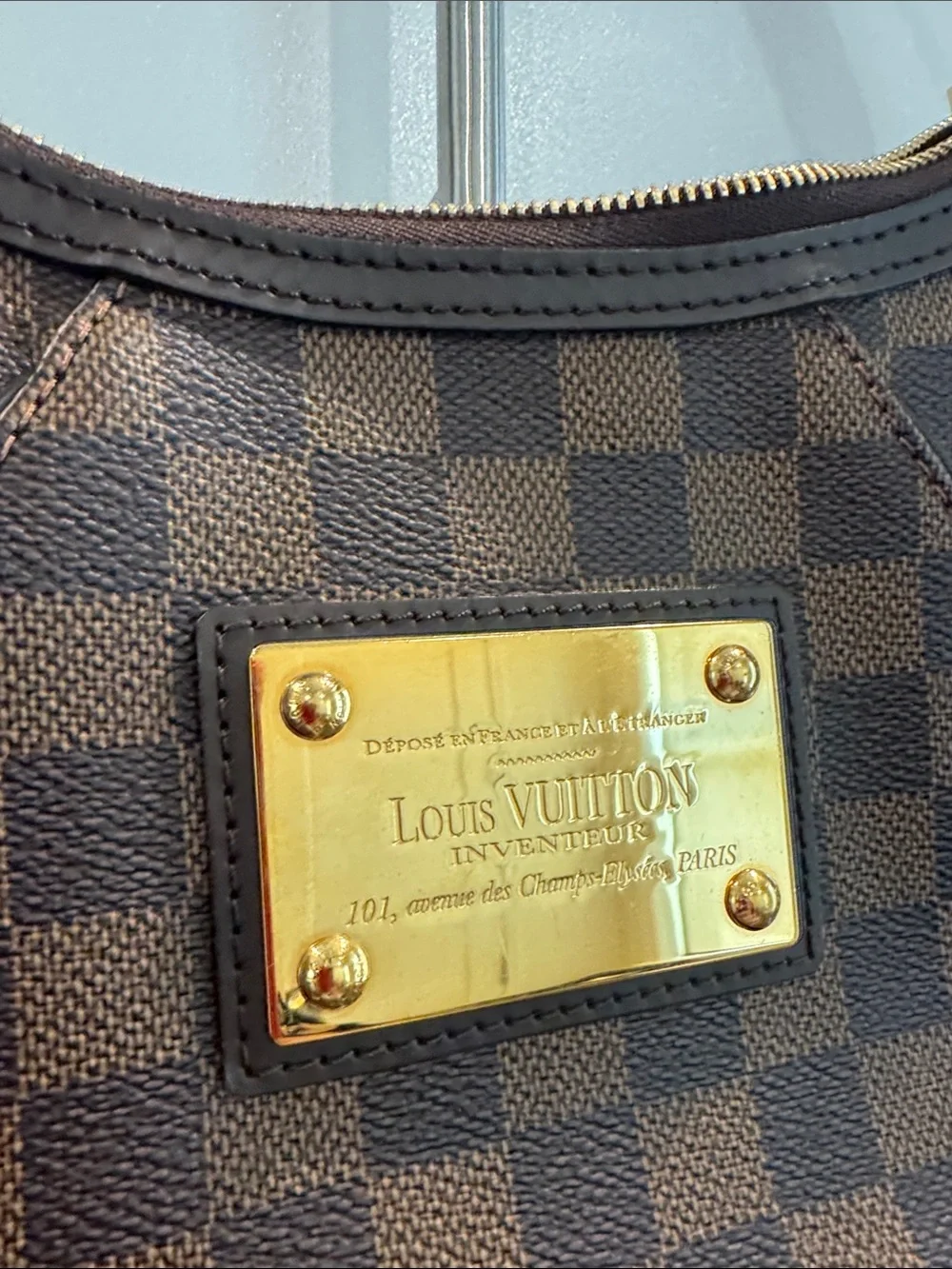 Louis Vuitton Dark Brown Damier Canvas Shoulder Hobo with Gold Plaque